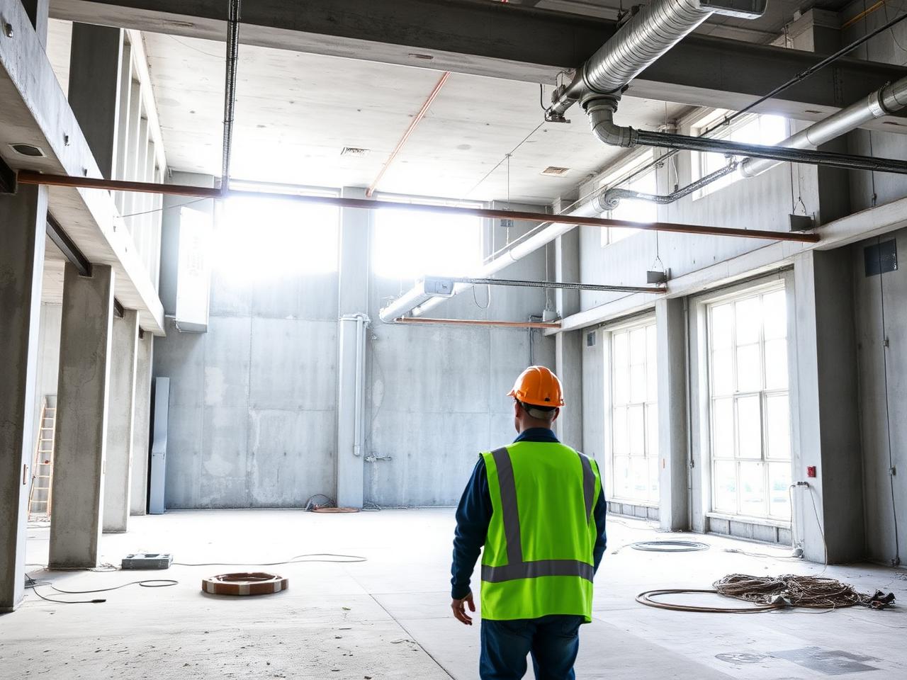 Entkerntes Gebäudeinneres mit freigelegten Installationen